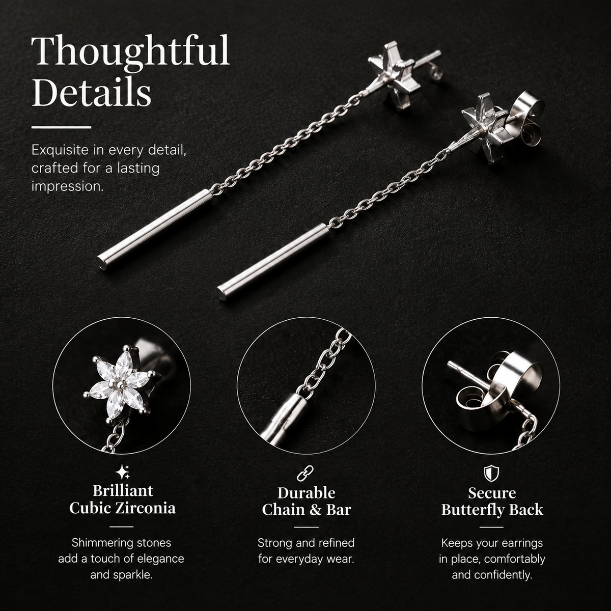 Chain Drop Earrings — Elegant Minimalist Flower Drop Earrings