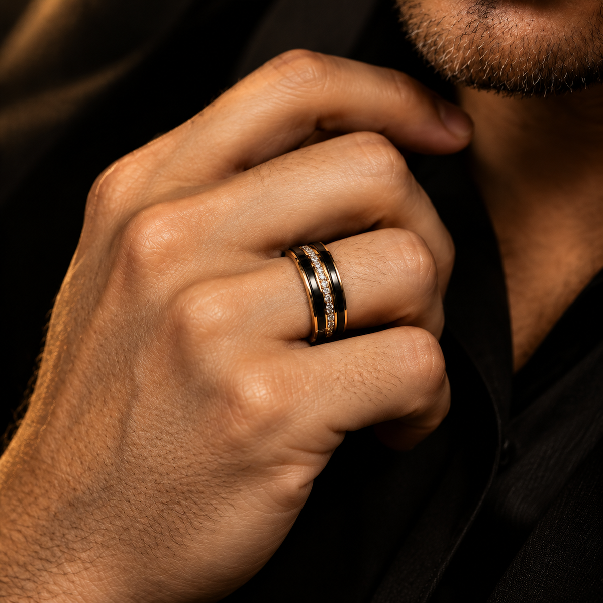Black & Gold Stainless Steel CZ Ring