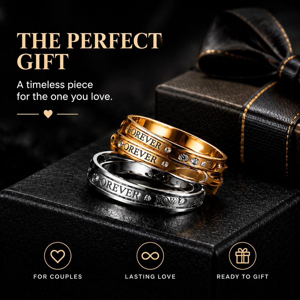 Forever Together Couple Rings Set – Matching His & Hers Engraved Rings with Sparkling Details