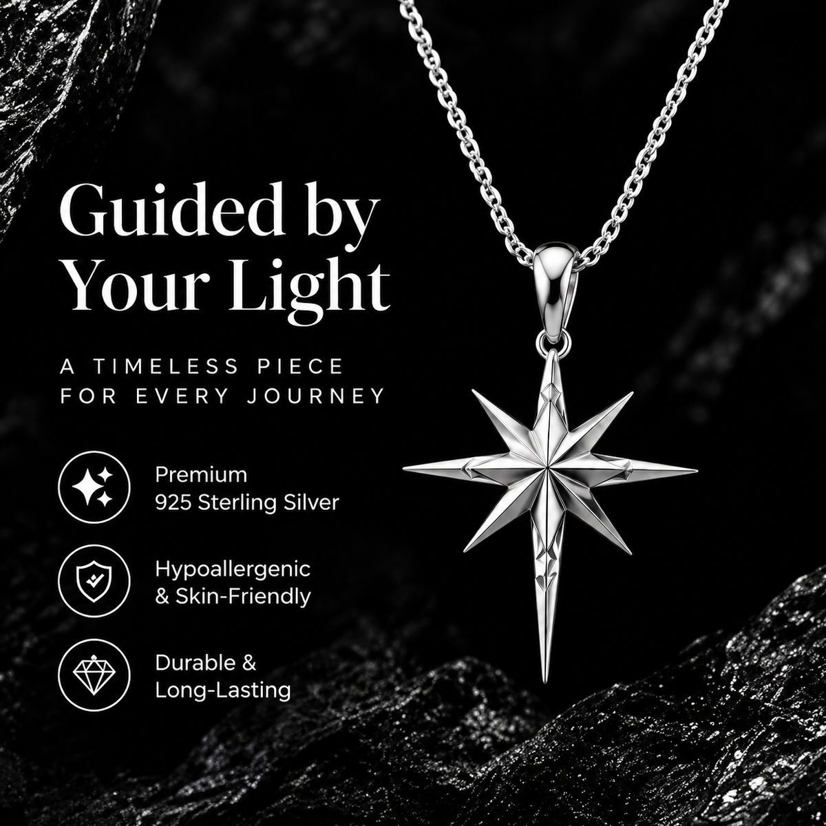 Celestial Compass Star Pendant Necklace – 925 Sterling Silver Direction Charm Necklace