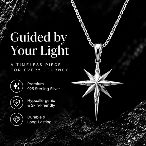 Celestial Compass Star Pendant Necklace – 925 Sterling Silver Direction Charm Necklace