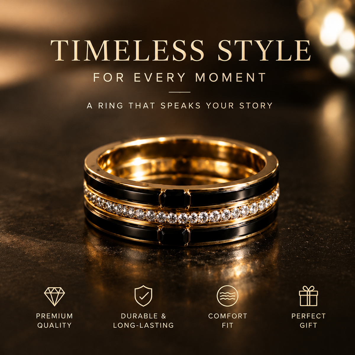 Black &amp; Gold Stainless Steel CZ Ring