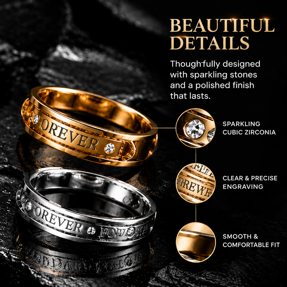 Forever Together Couple Rings Set – Matching His & Hers Engraved Rings with Sparkling Details