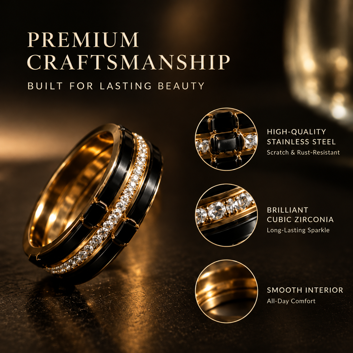 Black &amp; Gold Stainless Steel CZ Ring